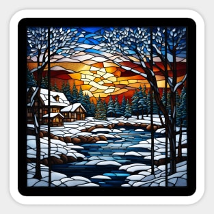 Stained Glass Window Snowy Winter Scene Sticker